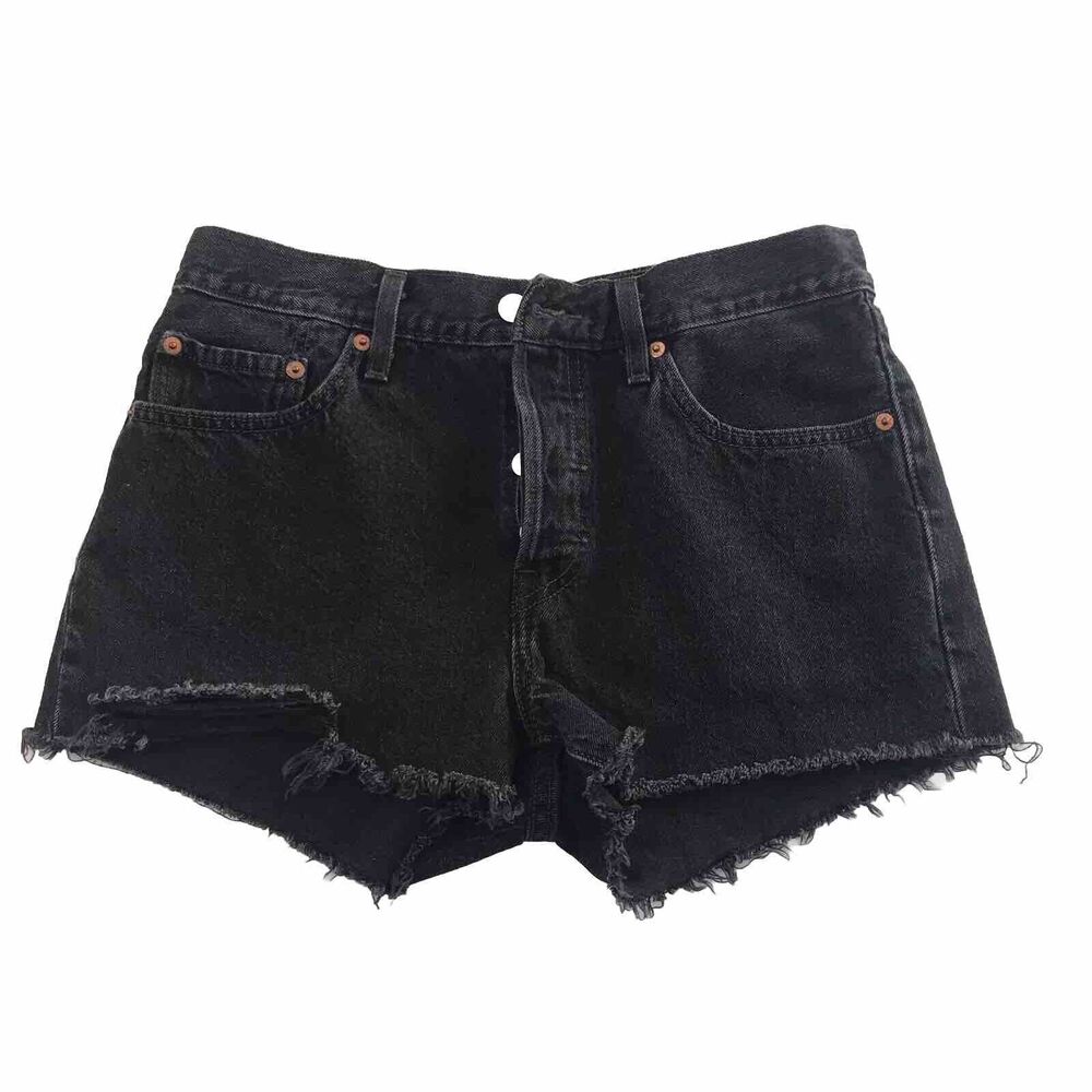 LEVIS 501 Black Denim Cutoff Shorts 27 Distressed Fray Raw Hem Button Fly MINT!